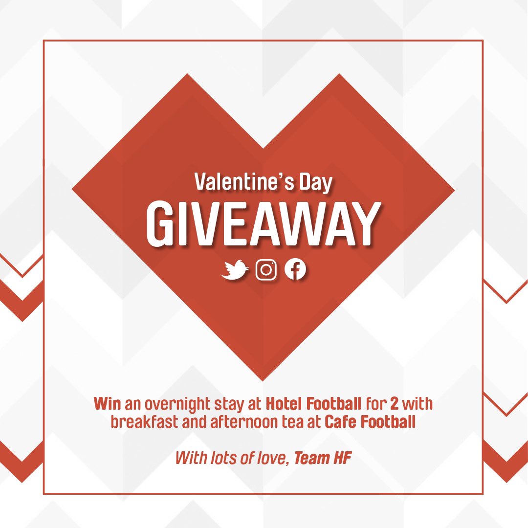 💝 #ValentinesDay GIVEAWAY 💝

Since we are all about celebrating love, we are giving you a chance to WIN the ultimate getaway for 2 - HF style! 😍

Feeling lucky?
- Follow <a href="/hotelfootballuk/">Hotel Football</a>
- Like &amp; retweet
- Tag the person you would like to share this prize with!

Good luck! 🤞🏻