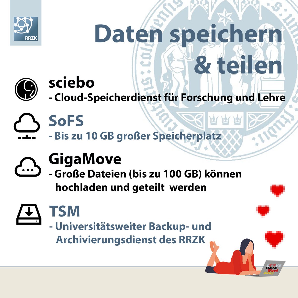 UniKoelnIT's tweet photo. Es gibt viele Möglichkeiten und hilfreiche Programme, um Daten zu speichern und zu teilen. Aber welche passt am besten zu deinem Uni-Alltag? Unsere kurze Übersicht hilft Dir hoffentlich bei der Entscheidung. #LoveData23 #RRZK #itunikoeln #unikoeln #wirliebendaten #datenspeichern https://t.co/kEW7iGpMoQ