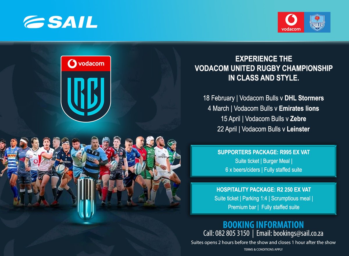 The Vodacom United Rugby Championship 
Season 2 is here, and you can watch your team LIVE!
Support our boys in style by booking your hospitality today.
bookings@sail.co.za
<a href="/BlueBullsRugby/">Official Blue Bulls</a> <a href="/URCOfficial_RSA/">Vodacom United Rugby Championship (URC)</a> 
#LoftusHospitality #vodacombulls #VodacomBullsHospitlityPackages