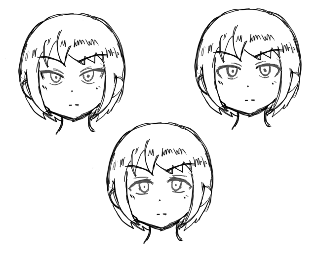 備忘録①
キャラの書き分けの際、ほとんどデザイン一緒で一枚目のように目をツリ目、垂れ目に変えただけという事が多いけれど、実際のところ普通の人は見分けがつかない。二枚目くらい目の形、瞳の大きさまで変えてようやく「……変わったかなァ?」程度だと思う。少なくとも印象には微塵も残らない。 