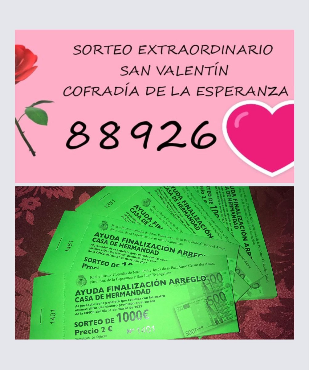 Seguimos con la venta de décimos del Sorteo Extraordinario de #SanValentin y las papeletas de la campaña de ayuda para finalizar la restauración de nuestra casa de Hermandad, ¡¡¡CON 1.000€ DE PREMIO!!!

Compra el tuyo y ayúdanos!!!

#SorteoSanValentin2023

#Sorteo1000€