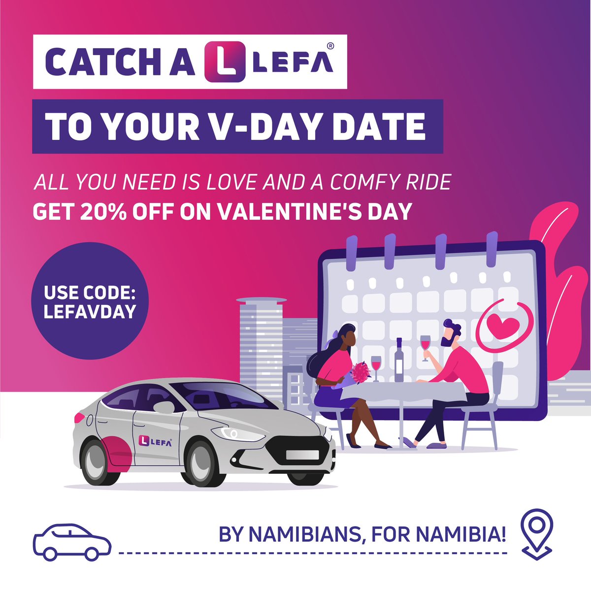 LEFA_Namibia's tweet photo. All you need is love and a comfy ride ❤️🚖.
#catchalefa today and get 20% off your ride this Valentine’s Day.
Use coupon code: LEFAVDAY https://t.co/9BZgEmQNno