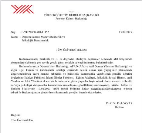 5. YÖK 

Ülkeyi yıkan deprem değil. Kamu kurumlarındaki deprem daha önce yaşandı. Oradaki yıkım yüksek olunca bölgedeki yıkım da yüksek oldu. 

Psikolojik danışmanlık İçin İlahiyatçı arıyorlar
 #DepremFareleri