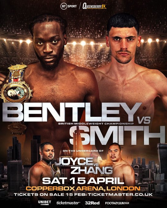 BTSportBoxing5's tweet photo. 𝘽𝙀𝙉𝙏𝙇𝙀𝙔 𝙄𝙎 𝘽𝘼𝘾𝙆 🔥

Denzel Bentley returns to defend his British middleweight title against Scotland's Kieran Smith on the undercard of Joe Joyce 🆚 Zhilei Zhang 🥊🏆

🗓️ April 15th  🏟️ Copper Box Arena

#JoyceZhang | April 15th | BT Sport https://t.co/q2P7cw7dFA