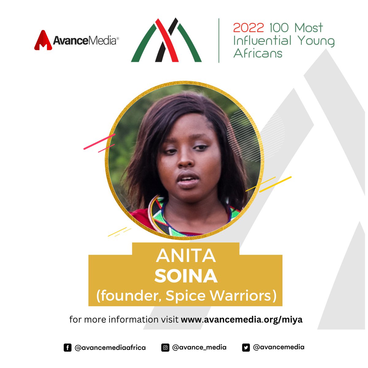 Congrats to @anitasoina on making @avancemedia's 2022 List of 100 Most Influential Young African as the Founder of @spicewarriors_ avancemedia.org/100miya #100MIYA #AvanceMedia @UNDPAfrica @TheSoinaFdn @sanwatforall