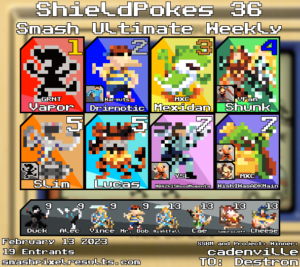 Here is the Top 16 Graphic for ShieldPokes 36!

1. <a href="/NoahVapor/">Vapor</a> 
2. @Hypnotic_Switch 
3. <a href="/MexidanYoshi/">Mexidan</a> 
4. <a href="/daven_mons/">Shunk</a> 
5. Slim
5. Lucas
7. <a href="/DestronFGC/">Destron</a> 
7. SpZ