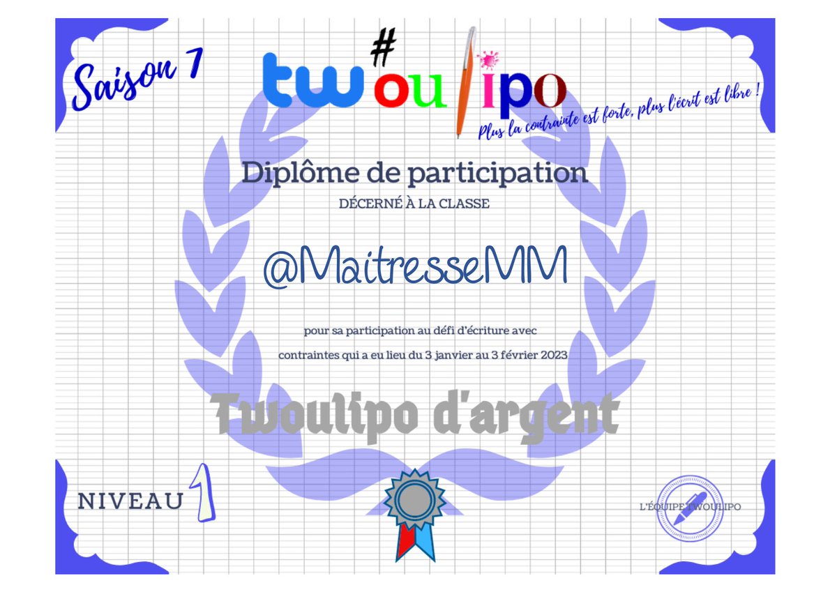 Au terme des 4 semaines, la saison 7 de 
<a href="/tw_oulipo/">Twoulipo à l'école</a> affiche de bien beaux diplômes, un grand bravo à toutes les classes de l'#EQ20
<a href="/CCe2cm1/">Classe4-CE2CM1-</a>
<a href="/CM1A_US_EBNOLA/">Les CM1A d'EB Nola</a>
<a href="/CMWattrelos/">CM2 Wattrelos</a>
<a href="/cmbonnut/">Classe de CM du RPI Bonnut-Sallespisse</a>
<a href="/stemariecm1cm2/">Ecole Sainte Marie</a>
<a href="/MaitresseMM/">Maryline MAURER</a>