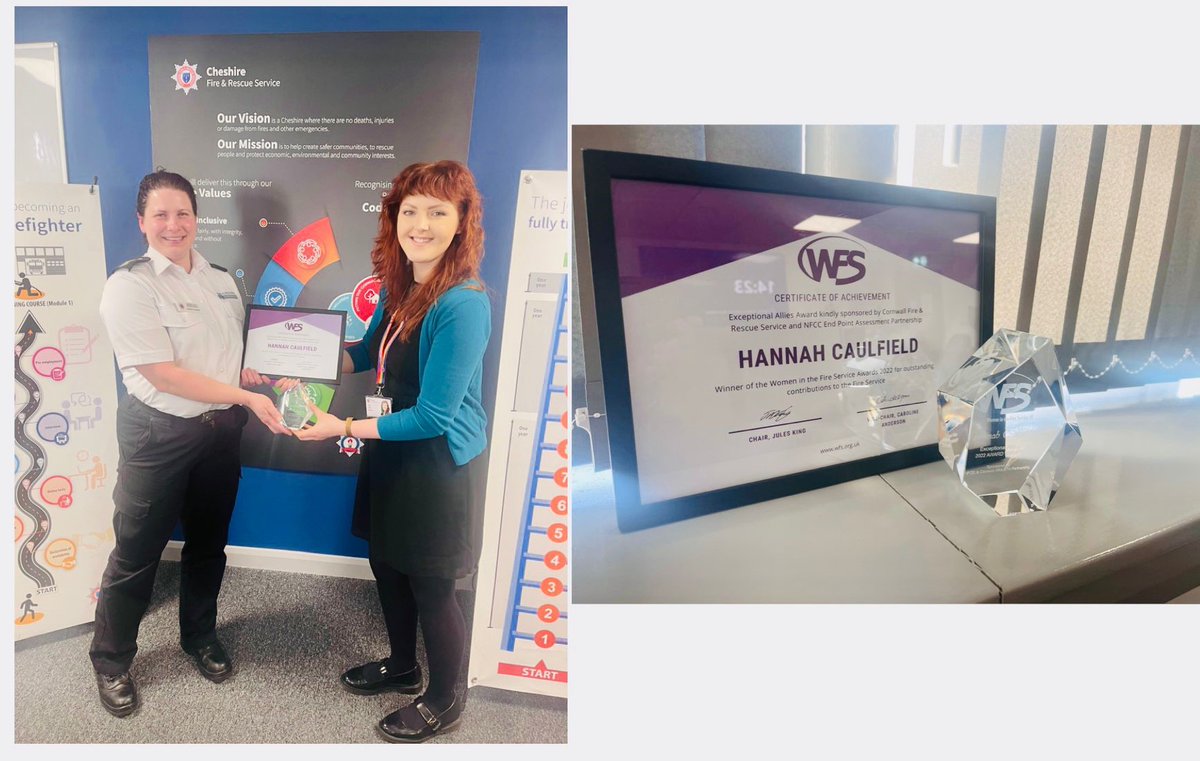 CheshireFire's tweet photo. Here's Station Manager Hannah Caulfield receiving her national Women in the Fire Service Exceptional Allies award 2022. @WFSUK1

She was nominated for her work around the menopause policy and other work she tirelessly does in support of  Limitless, our women’s network. https://t.co/OSVGxrOIIY