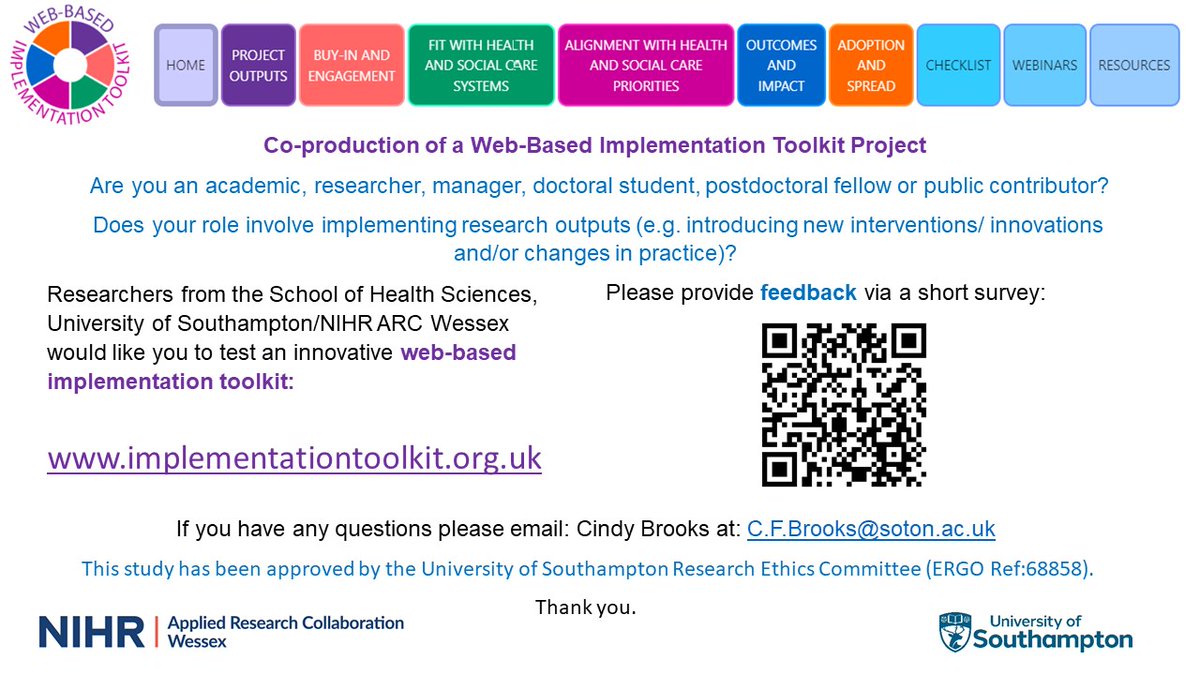 CindyFBrooks's tweet image. If you fulfil the criteria 👇,  please consider testing an innovative web-based implementation toolkit:
implementationtoolkit.org.uk 
Please feedback via a short anonymous survey 
by scanning the QR code below, Thank you! 
@MMyall @lund_susi @DrDavidTweets @arc_wessex
@unisouthampton