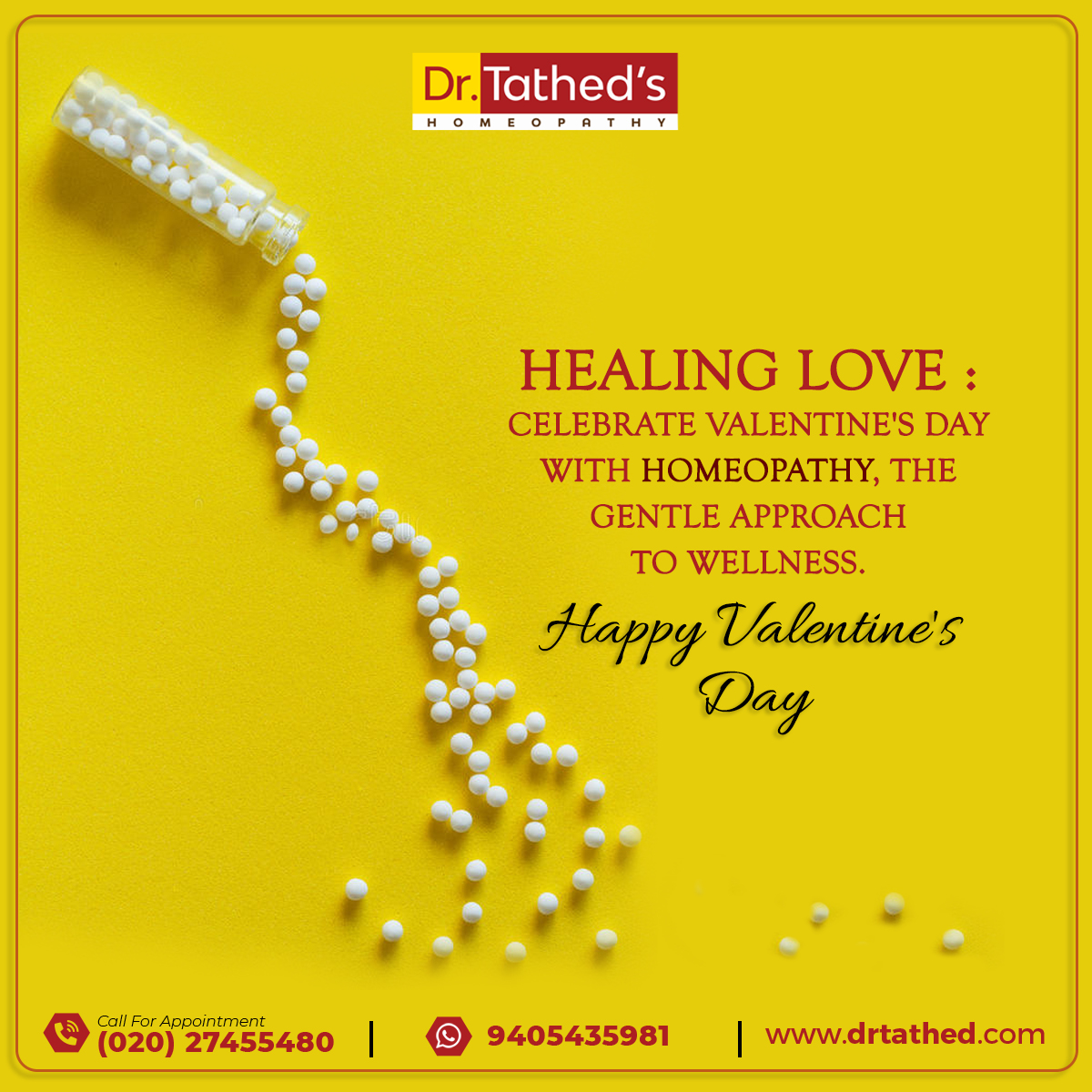 dr_tathed's tweet photo. Love your health, love homeopathy! Happy Valentine's Day from Dr. Tathed Homeopathy Clinic. 
Call us today for a consultation and see how we can help.

✆ Call: (020) 27455480 Whats-app:- 9405 435 981
.
.
. 

#HomeopathyHeals #LoveYourHealth #ValentinesDay2023 https://t.co/NqnGkXXn7S