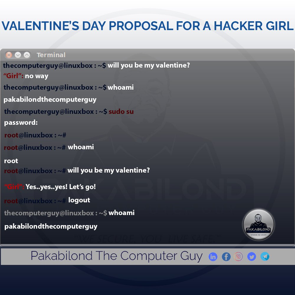 pakabilond's tweet photo. We do computerize everything! 😊
Happy Valentine’s Day to you all.
#ValentinesDayChallenge #wesecureyoulivesafe #cybersecurityexpert #penetrationtester #pakabilondthecomputerguy https://t.co/6CdfMQxUQv