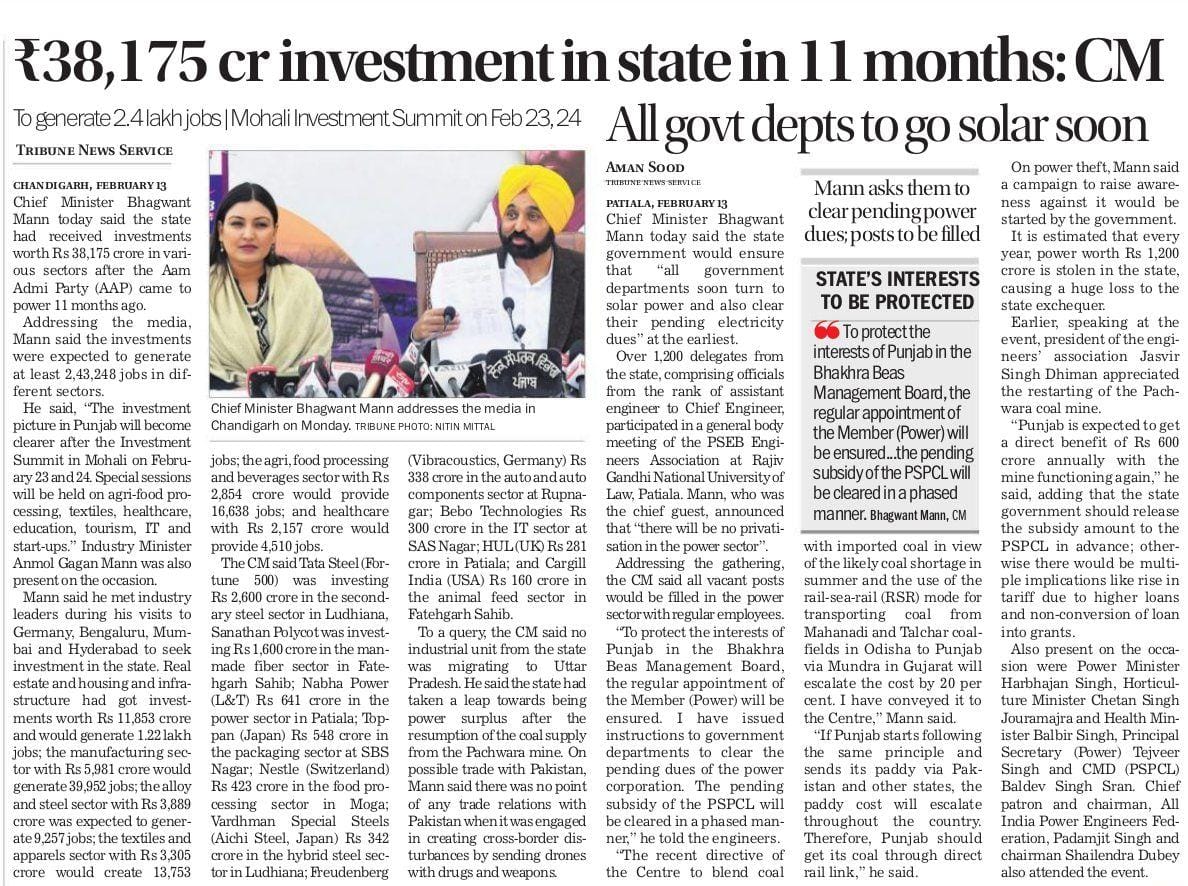 #InvestPunjab: ₹38,175 crores of investment in last 11 months!!

⏩ 2.4L+ jobs to be generated
⏩ All Govt depts soon to go solar 

👉 Mohali Investment Summit to take place on Feb 23rd & 24th

Punjab's era of transformation begins under CM @BhagwantMann's dynamic leadership 🔥
