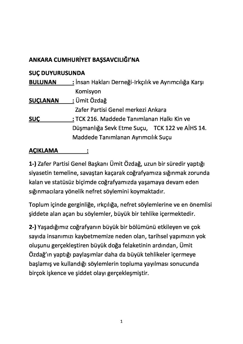 irkciliga_karsi's tweet photo. Zafer Partisi Genel Başkanı Ümit Özdağ hakkında sığınmacılara karşı yaygınlaştırdığı ırkçı ve ayrımcı nefret söylemleri nedeniyle İHD-Irkçılık ve Ayrımcılığa Karşı Komisyon olarak suç duyurusunda bulunduk. https://t.co/a18eEWoiRI