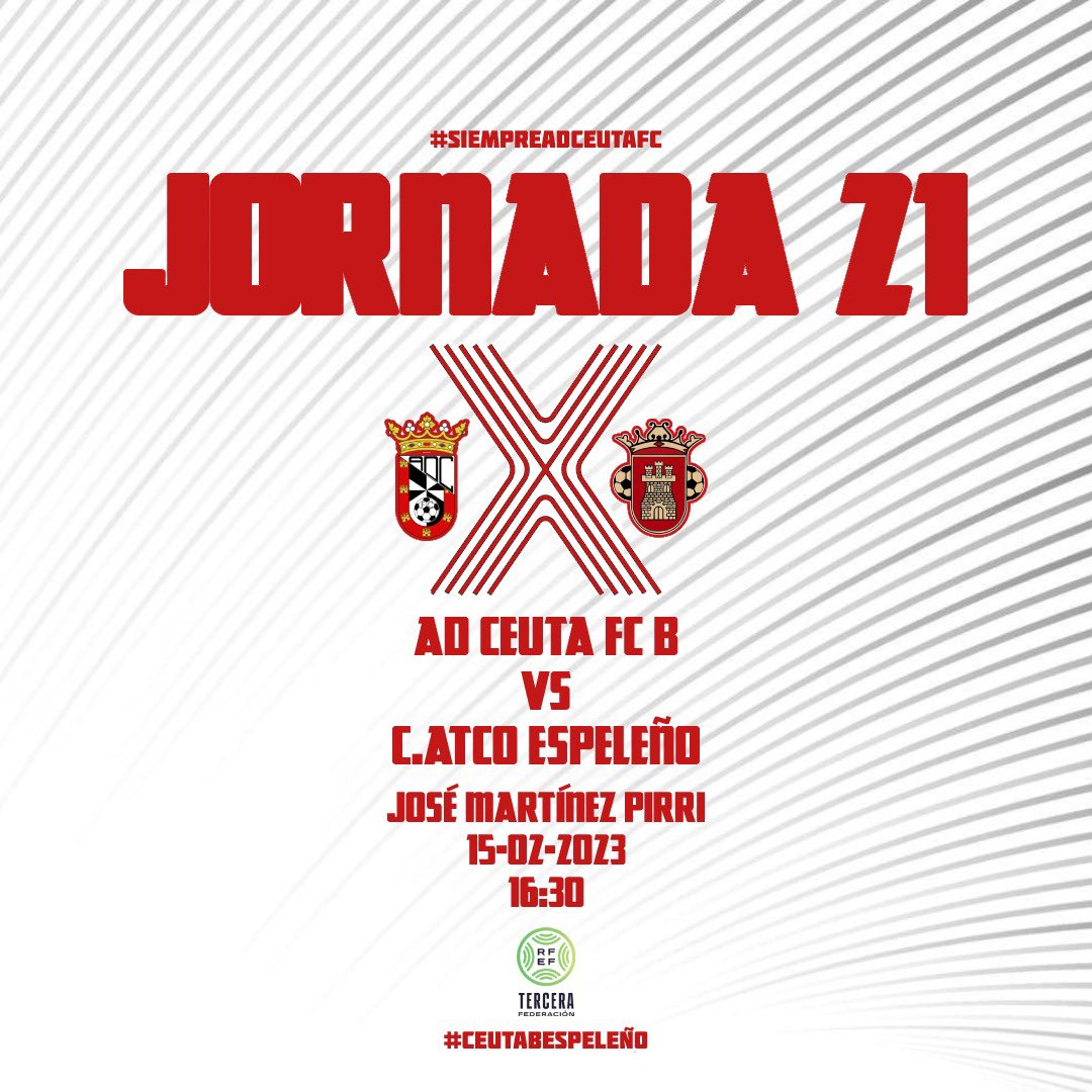 OFICIAL | 📢

El partido aplazado correspondiente a la jornada n°21 de Tercera Federación #CeutaBEspeleño se jugará finalmente el miércoles 15 de Febrero a las 16:30 en el José Martínez Pirri 🏟️

📍¡Tenemos una cita mañana! 

#SiempreADCeutaFC ⚪️⚫️