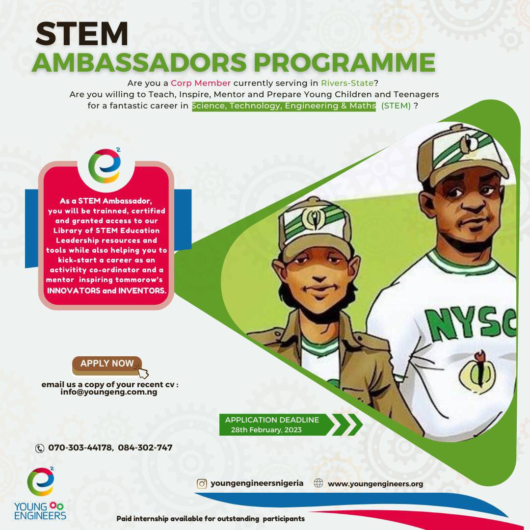Applications are now open for you to become a STEM ambassador with <a href="/youngeng_ng/">e² Young Engineers Nigeria</a>. Open to all serving Corp Members in Rivers State. Paid and Flexible internship available!

#riverscorper #portharcourt #STEMeducation #STEMambassador
#ValentinesDay2023