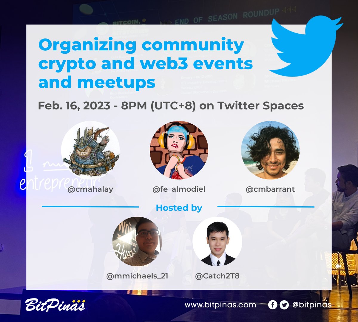 We're excited to have <a href="/cmbarrant/">CristianMB</a> &amp;@fe_almodiel of @dshmanila &amp; @CMahalay of <a href="/NftxStreet/">NFTXStreet</a> joining us for an insightful discussion about web3 meetups and events.

Feb. 16 at 8PM (GMT+8)
Set your reminders here: x.com/i/spaces/1eaKb…  

See you!