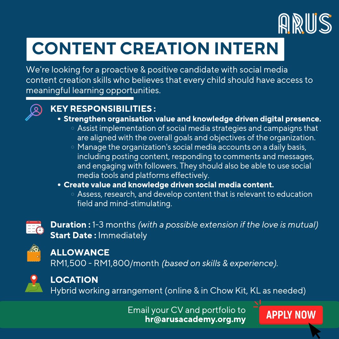 ArusAcademy's tweet photo. If you believe a job should be an intersection of your passionβ¨οΈ, what you're goodπΌ at and how you can benefit othersπ§ββοΈ, π΅π©πͺπ΄ π°π±π±π°π³π΅πΆπ―πͺπ΅πΊ πͺπ΄ π§π°π³ πΊπ°πΆ. Apply for internship with us NOW!
#internshipmalaysia #internswanted #internship #internshipopportunity https://t.co/oWETINX6XK