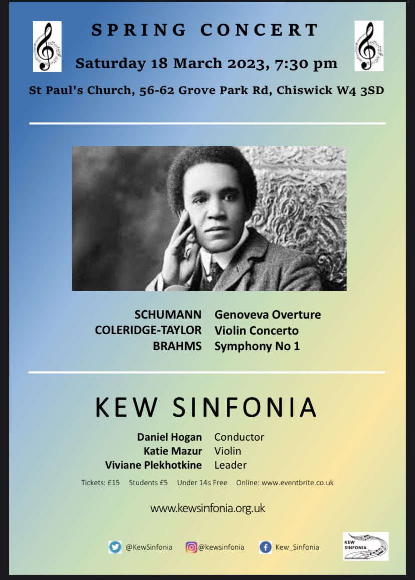 Date for your diary! <a href="/KewSinfonia/">Kew Sinfonia</a> Spring Concert :                      Saturday 18th March 7:30pm          St Paul’s Church Grove Park Chiswick. Ticket prices £5-£15. Check out our group bookings: 5 for £50/ 10 for £100
Booking link coming soon!