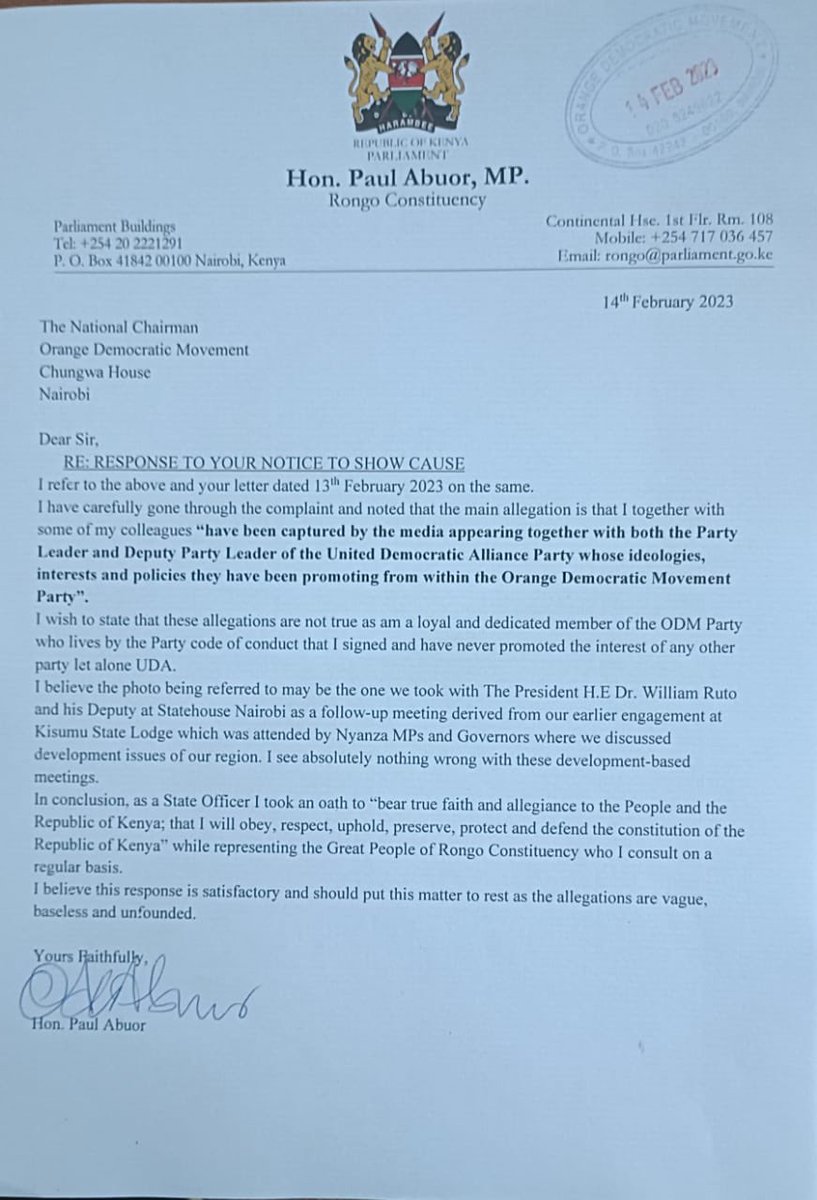 My response to ODM show cause letter.