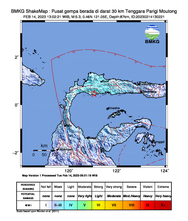 #Gempa (UPDATE) Mag:5.3, 14-Feb-23 13:02:21 WIB, Lok:0.46 LU, 121.05 BT (Pusat gempa berada di darat 30 km Tenggara Parigi Moutong), Kedlmn:87 Km Dirasakan (MMI) III - IV Toli-toli, II - III Pohuwato, II - III Gorontalo Utara #BMKG