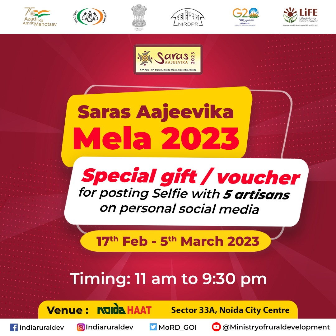Take a selfie with at least 5 Artisans at the Mela and share on your social media tagging Ministry of Rural Development, Aajeevika (NRLM), Noida Haat, and 5 friends and get exciting Rewards.
Claim your reward at the Registration Counter!!
#VocalforLocal #SupportLocalArtisans