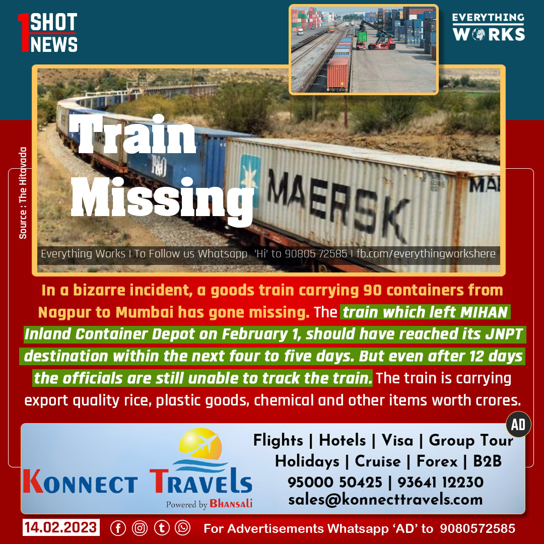 HereWorks's tweet photo. In a bizarre incident, a goods train carrying 90 containers from Nagpur to Mumbai has gone missing. 

#1ShotNews | #GoodsTrain | #TrainMissing | #IndianRailways | #Mumbai | #Nagpur | #Missing https://t.co/ZYsCUyRQ28