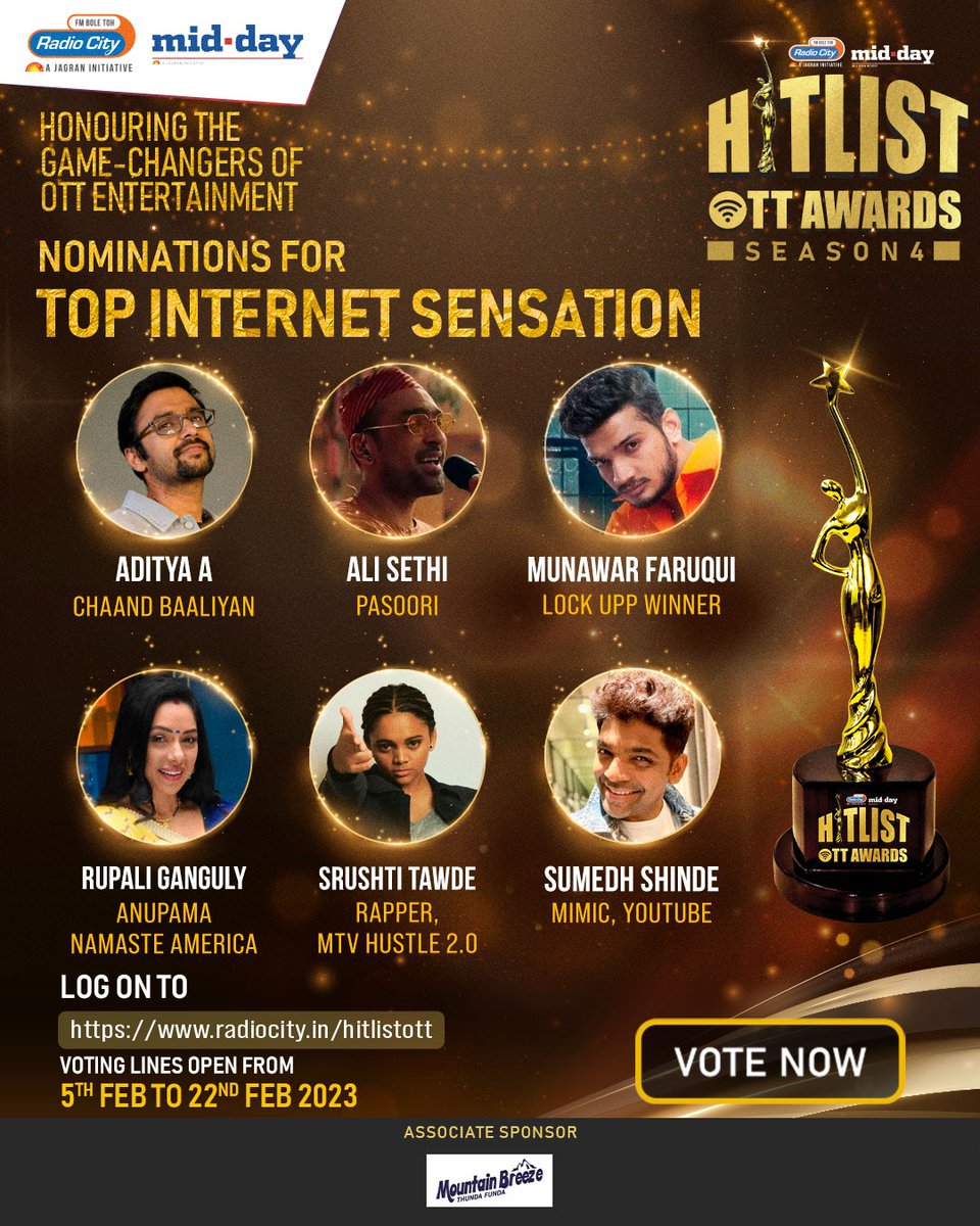 We need #MunawarFaruqui 
to win this award 

Vote for the Top Internet Sensation !
Log on to 🖇️  radiocity.in/hitlistott and plz vote for him 🫂🫶🏼

Voting lines are open from 5th February till 22nd Feb 2023.

#RadioCity #Midday #HitlistOTTAwards #MCStan𓃵 #MCStan