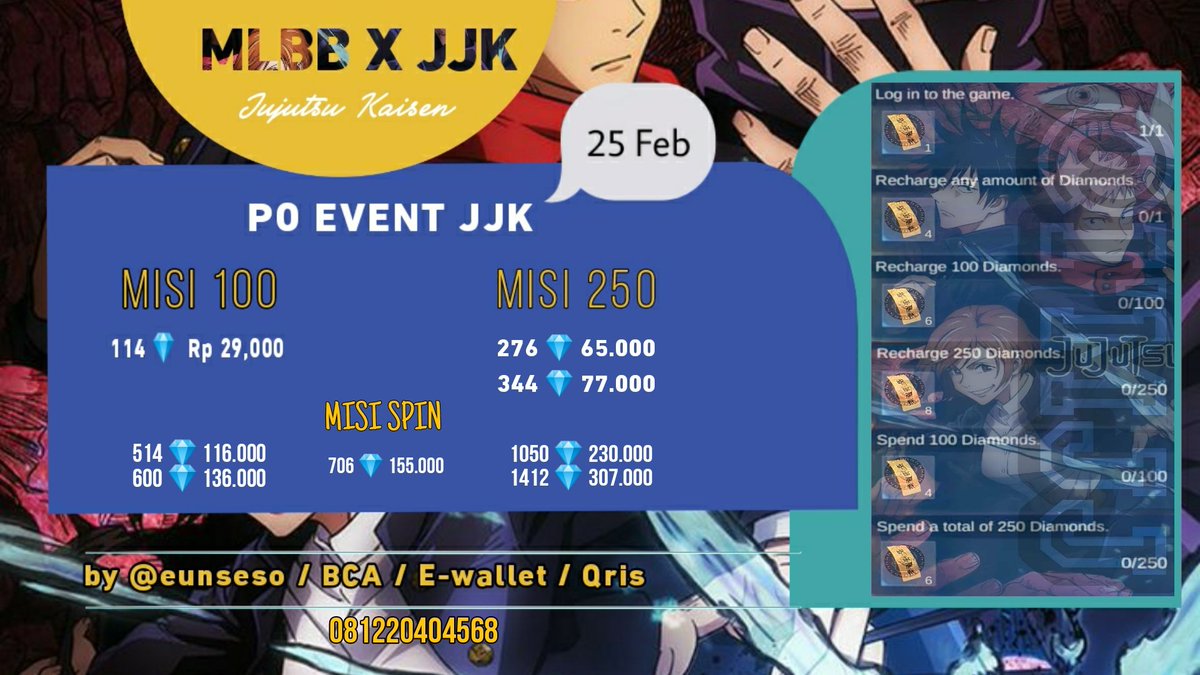 eunseso's tweet photo. PO MLBB X JJK
Spin 10x Random collab
Harga po dan ready berbeda
PO = Diproses duluan
#zonauang #zonaba #zonabu #zonatikus #dmml #pojjk
t. dm mlbb dm jjk po jjk jujutsu kaisen gift skin collab po event collab yin melisa xavier julian pl jjk https://t.co/aaBKBfcRJj