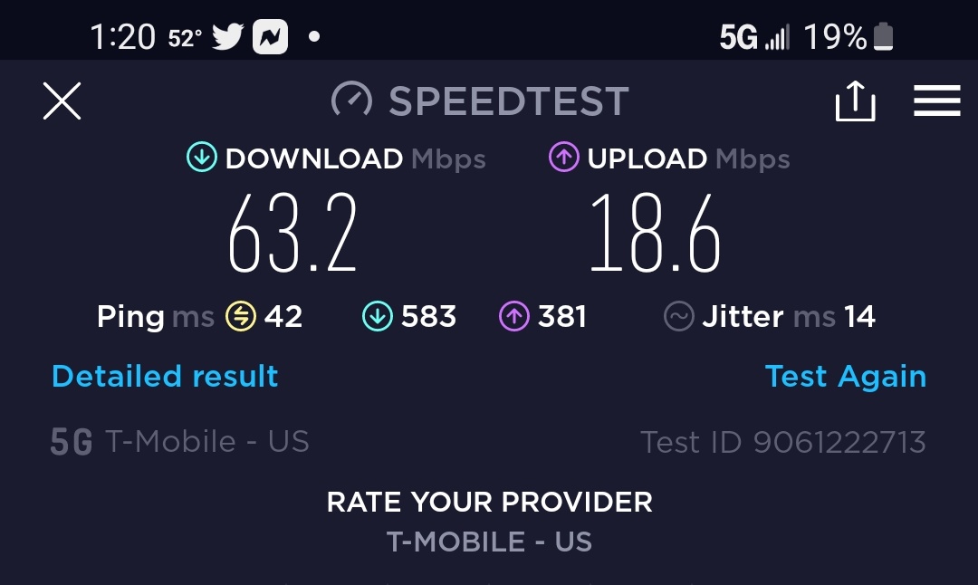 <a href="/NevilleRay/">Neville Ray</a> Central Florida. My Speeds at this hour are normally 650mbps.
They are reduced 90% currently.
Don't Gaslight us and say it's almost "Normal"!! 
#tmobileoutage #TMOBILE
@PATechUSA <a href="/carlostech702/">Carlos S Tech 🇨🇺</a> <a href="/SneedTech/">Sneed Mobile Tech</a> @hectorartm