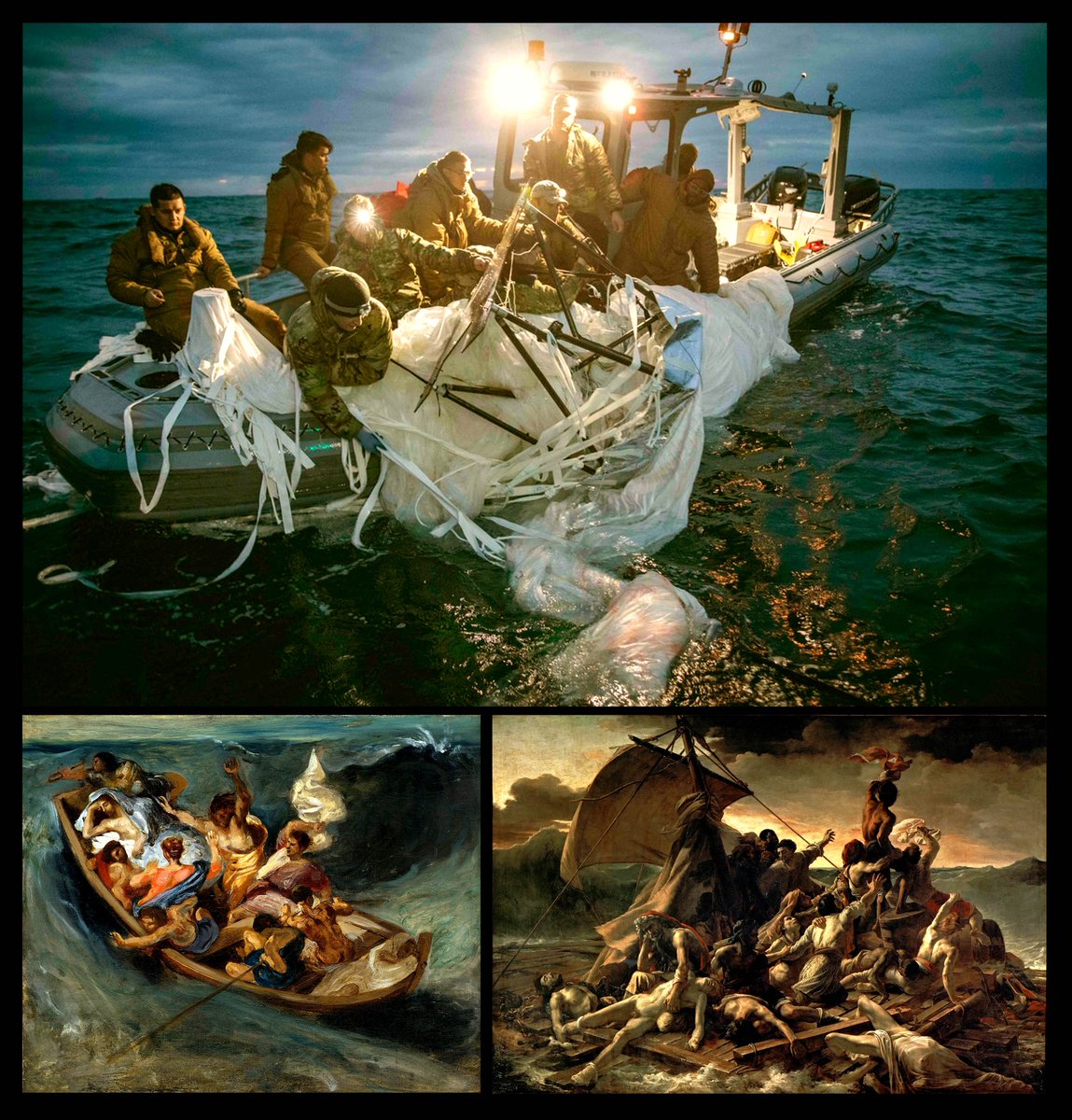 Something about the lighting and drama of this contemporary image (the search for the balloon remains), strikes me as an arresting composition in keeping with the epic paintings by #Delacroix #Géricault