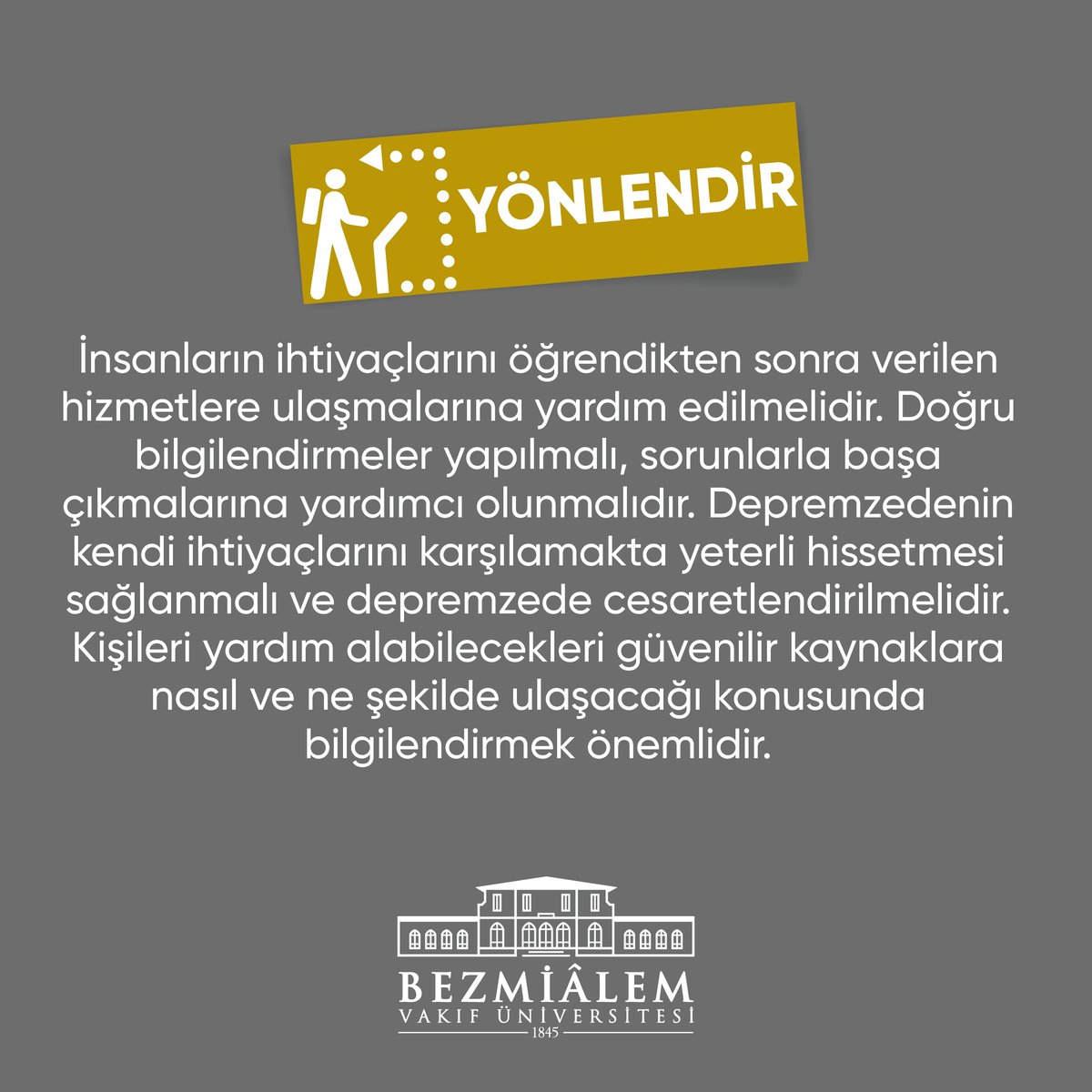 👉YÖNLENDİR
İnsanların ihtiyaçlarını öğrendikten sonra verilen hizmetlere ulaşmalarına yardım edilmelidir. Doğru bilgilendirmeler yapılmalı, sorunlarla başa çıkmalarına yardımcı olunmalıdır.