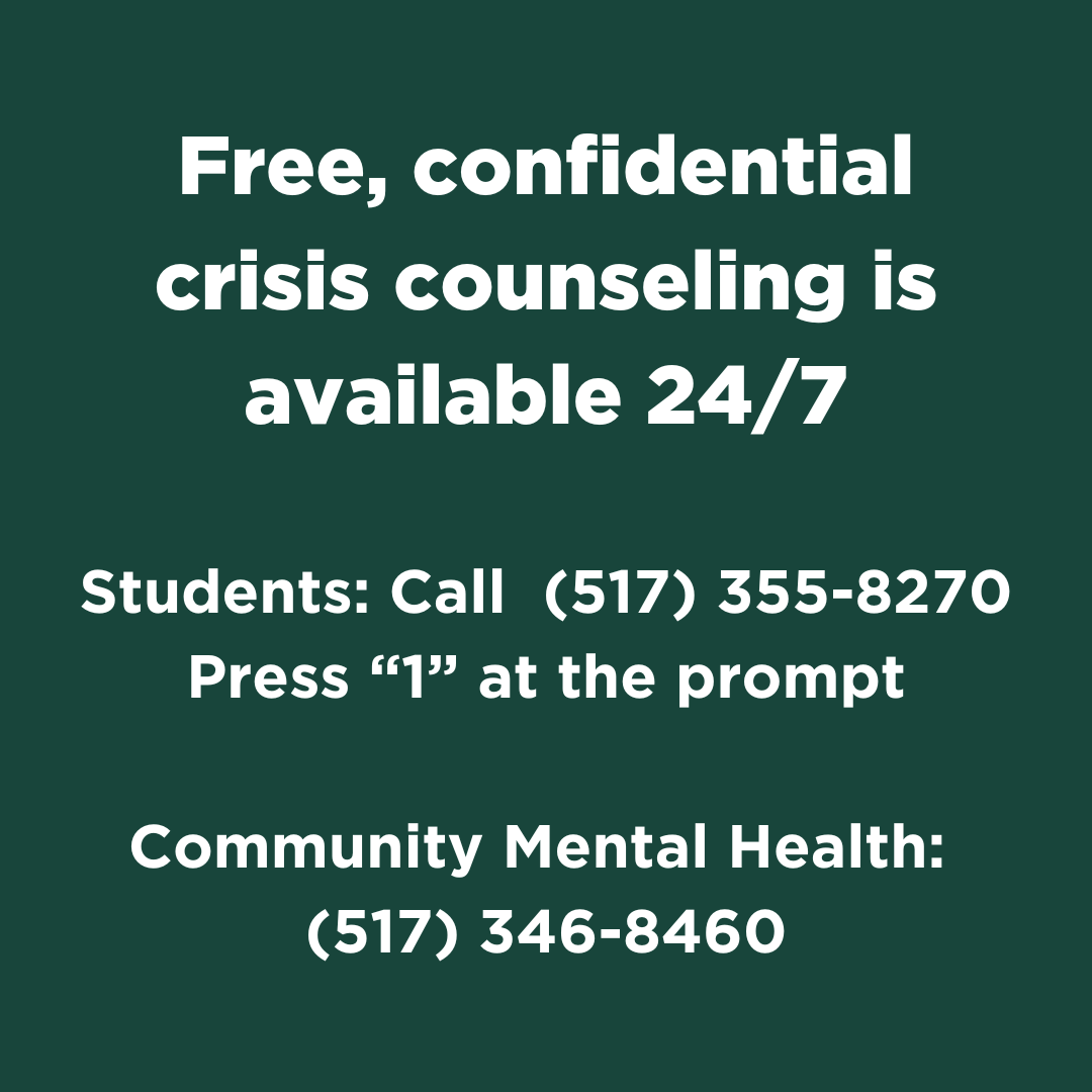 HealthySpartans's tweet image. CORRECTION: Counselors will be available at the Hannah Community Center beginning at 8 a.m. Tuesday, February 14.