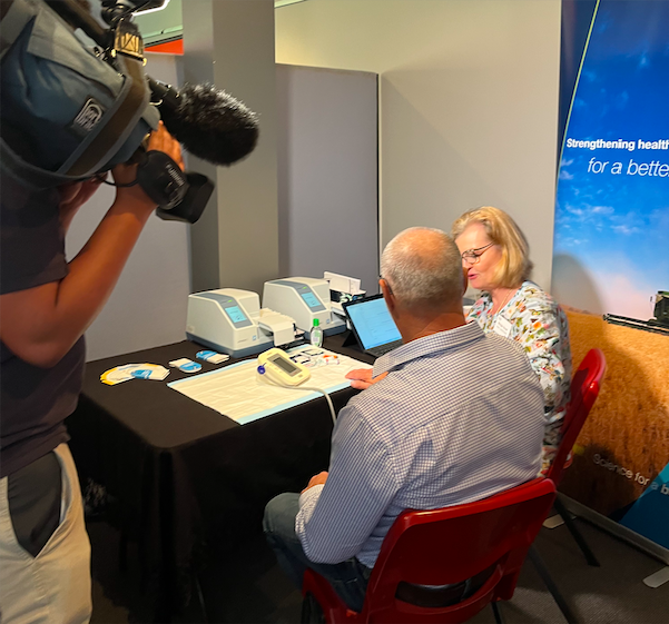 Activefarmers's tweet image. Nurse Margie @WorkOHS1 working her magic with FREE Health Checks courtesy of @Bayer and Active Farmers at the GRDC Research Update at CSU Wagga today. 

Only 15 mins of your time. No excuses. Appointments still available for tomorrow (Wed). Click to book:
shorturl.at/aeowC