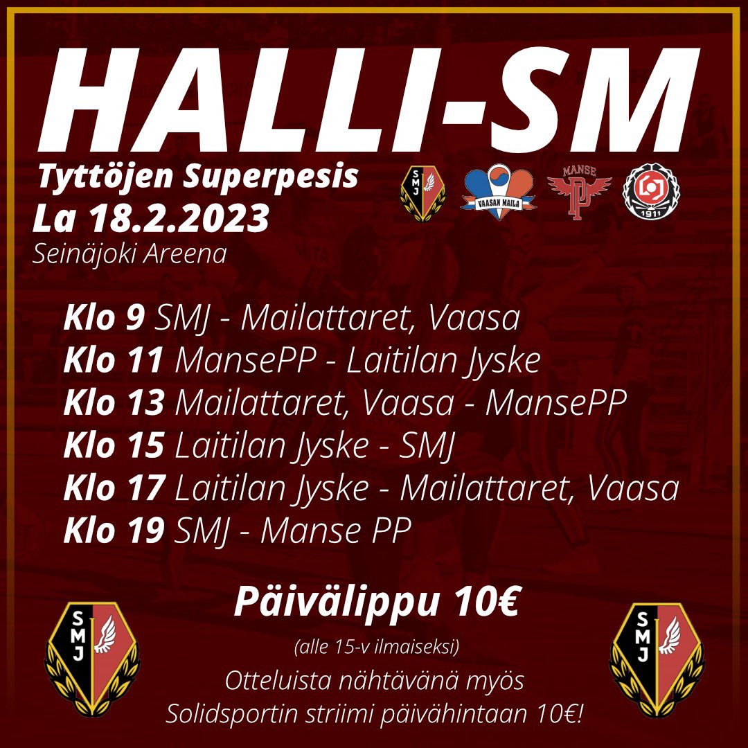 Lauantaina starttaa tyttöjen halli-SM! Kympillä sisään sekä paikanpälle että striimiin! 🥎

Linkki striimiin: solidsport.com/smj-b-t/games/…

#pesis #mailajussit #hallism