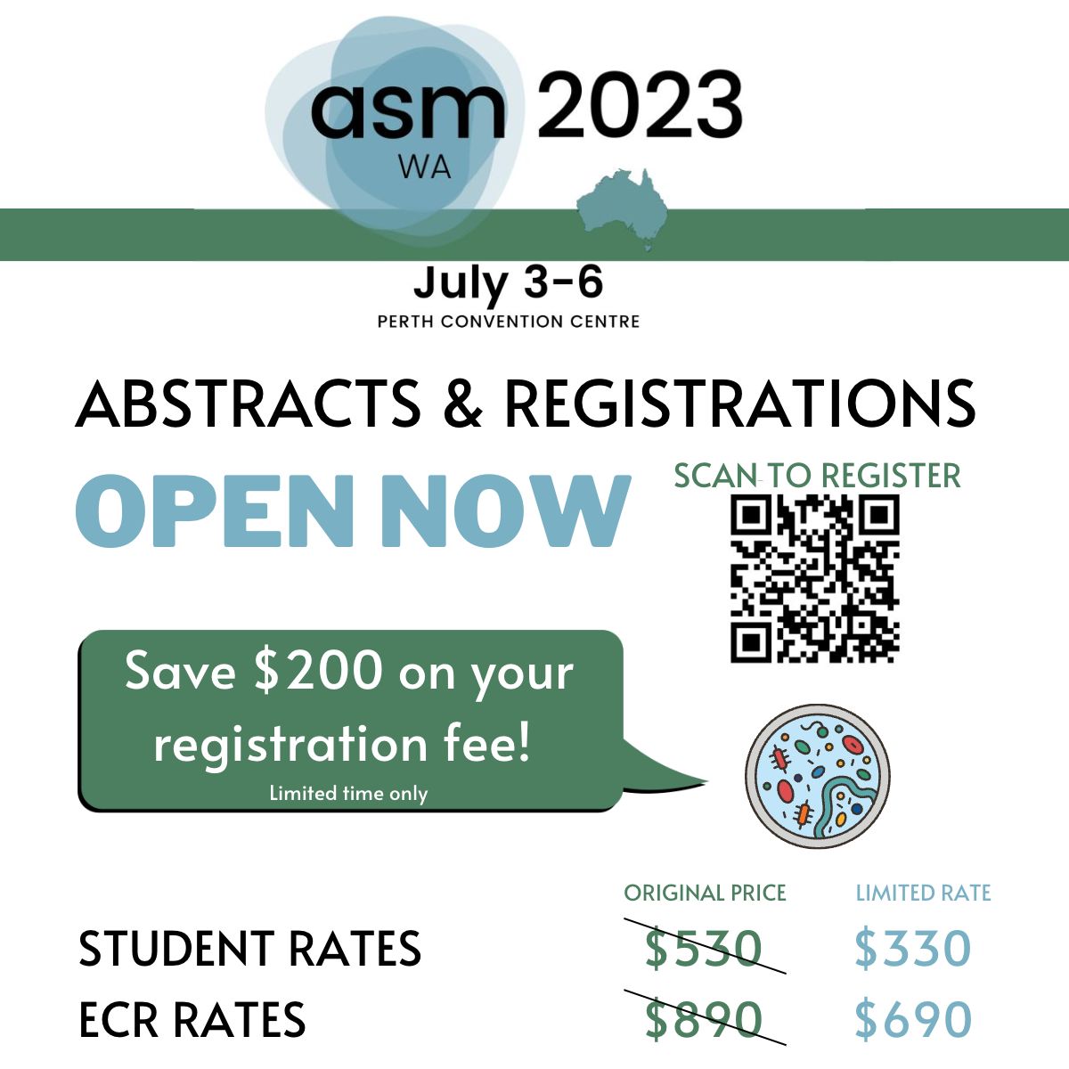 👉Registrations for ASM 2023 Annual Microbiology Conference are now open!⁣⁣ ⏰ #Students and #ECR's also have the chance to save $200 on your registration with our Early Bird special! ✅ Register now for #ASM2023 :members.asnevents.com.au/register/event…