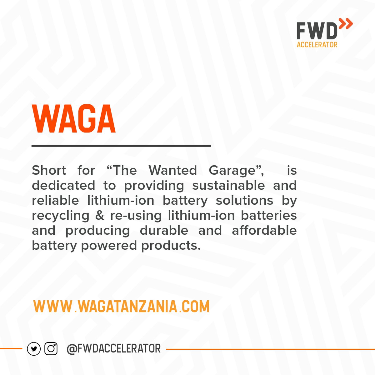 FWDaccelerator's tweet photo. ⏩ WAGA, "The Wanted Garage" -  ♻️ recycling &amp; re-using lithium-ion batteries and producing durable and affordable battery powered products. Welcome onboard @wagatanzania 🔗 https://t.co/gHvR1297h1 https://t.co/cvxalRTiUF