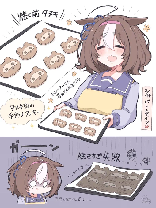 バレンタインでタヌキ型クッキーを作るメイショウドトウ🍪

#ウマ娘 #バレンタインデー 