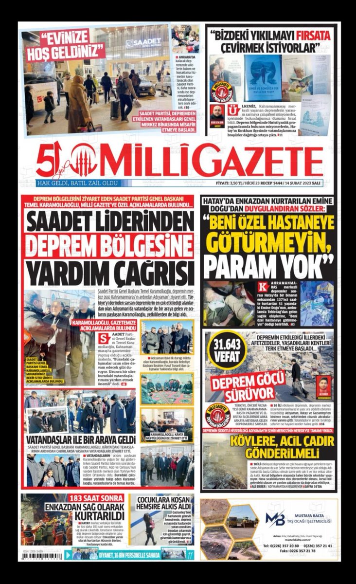 berlin_saadet's tweet photo. #MilliGAZETE
#HâkGeldiBâtılZâilOldu
#SAADET Liderinden Deprem Bölgesine Yardım Çağrısı
#Saadet Partisi Depremden Etkilenen Vatandaşları Genel Merkez Binasında Misafir Etmeye Başladı
#Evinize Hoş Geldiniz
#Beni Özel Hastaneye Götürmeyin, PARAM YOK https://t.co/rUEiskQMfJ