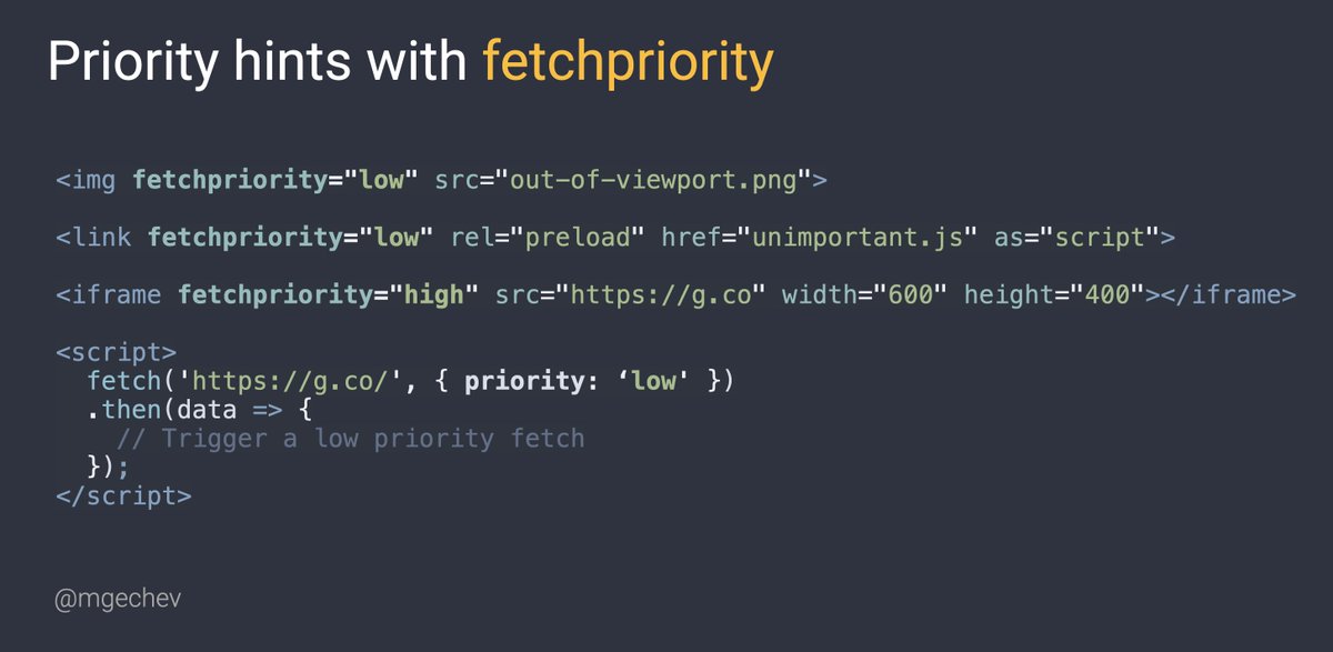 mgechev's tweet image. Tip: use fetchpriority to speed up your apps
fetchpriority accepts values low, high and auto and lets you hint the browser with what priority it should load a resource
‣ Set high priority for your LCP image
‣ Low priority for nonessential resources
📚 web.dev/priority-hints/