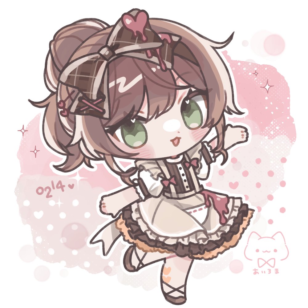 1girl chibi green eyes brown hair solo bow dress  illustration images