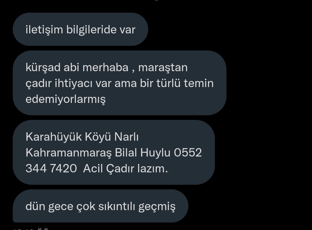 Kahramanmaraş
Karahüyük köyü 
Acil çadır ihtiyaci var 
Yardım edebilecek var mıdır?
<a href="/AFADBaskanlik/">AFAD</a> 
<a href="/DepremDairesi/">AFAD Deprem</a> 
<a href="/ahbap/">Ahbap</a> 
@ahbap_maras 
#borsadaişlemleriptaledilsin