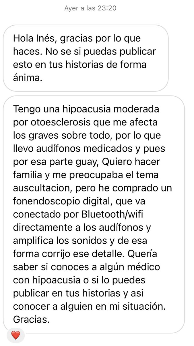 Chicos, he recibido este mensaje por Instagram por si alguien conoce casos de médicos con hipoacusia y pueden ayudar a este compañero. Gracias!!
