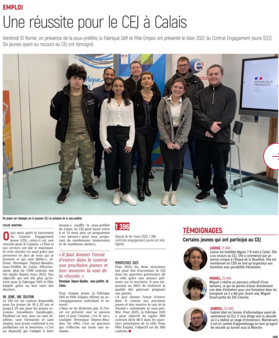 ⁦@poleemploi_HDF⁩ #Calais ⁦<a href="/FabriqueDefi/">La Fabrique Défi</a>⁩ agissent 🤝pour les jeunes usagers du territoire 👍 ⁦<a href="/DeprezVeroniqu1/">Veronique Deprez</a>⁩ ⁦<a href="/NatachaBouchart/">Natacha BOUCHART</a>⁩ ⁦<a href="/Nordlitt/">Nord Littoral</a>⁩ ⁦@FredericDanel⁩ ⁦<a href="/ThierryDanhiez/">Thierry DANHIEZ</a>⁩ ⁦<a href="/F3nord/">France 3 Nord Pas-de-Calais</a>⁩ ⁦<a href="/BFMLittoral/">BFM Grand Littoral</a>⁩ ⁦<a href="/Prefet62/">Préfet Pas-de-Calais 🇫🇷🇪🇺</a>⁩ ⁦