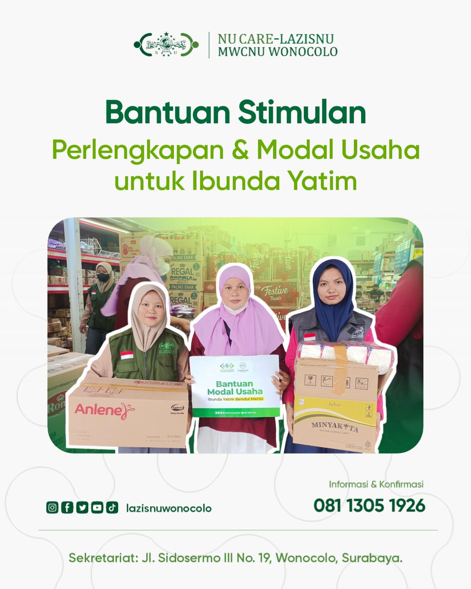 lazisnuwonocolo's tweet photo. Bantuan Stimulan 
Perlengkapan &amp; Modal Usaha untuk Ibunda Yatim
Lazisnu Wonocolo kembali menyalurkan program UMKM di wilayah Bendul Merisi, Kecamatan Wonocolo, Kota Surabaya.

Salurkan kebaikan anda melalui rekening:
Bank Mega Syariah
2008976098 / a.n LazisnuWonocolo https://t.co/R6vNunWYaQ