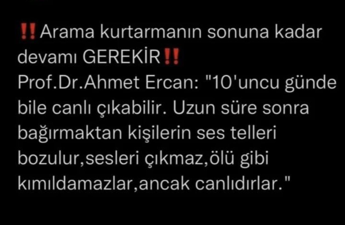 #deprem #AFADKahramanmaras 
#Ahbap 

‼️ÇOK ÖNEMLİ‼️

Hatta daha uzun sürede de hayatta kalan olabilir.
_________________________
Oğuzhan Uğur Cübbeli Ahmet Taha Savaş İmamoğlu Çinli Jun Cang Kahramanmaraş’ta 198