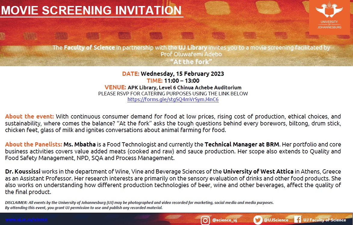 UJLibrary's tweet photo. You are invited to a #movie screening presented by Prof Oluwafemi Adebo @oluwafemiadebo #UJScience
Wed, 15 February 2023
11:00 – 13:00
VENUE: APK #UJLibrary, Level 6 Chinua Achebe Auditorium
PLEASE RSVP FOR CATERING PURPOSES USING THE LINK BELOW
https://t.co/y9zHA3pe1e https://t.co/ouDBQ2tiRS