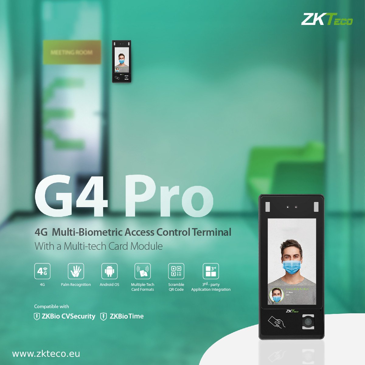 ZKTeco_Europe's tweet image. G4 Pro ✋👧💼 is equipped with ZKTeco’s enhanced Visible Light Facial Recognition technology. Also, G4 Pro has installed a new mini #QRcode reader to scan T&amp;amp;A/A&amp;amp;C dynamic QR codes on the ZKBio CVSecurity mobile application 🔗→ zurl.co/GPsM 
#ZKTeco #G4Pro