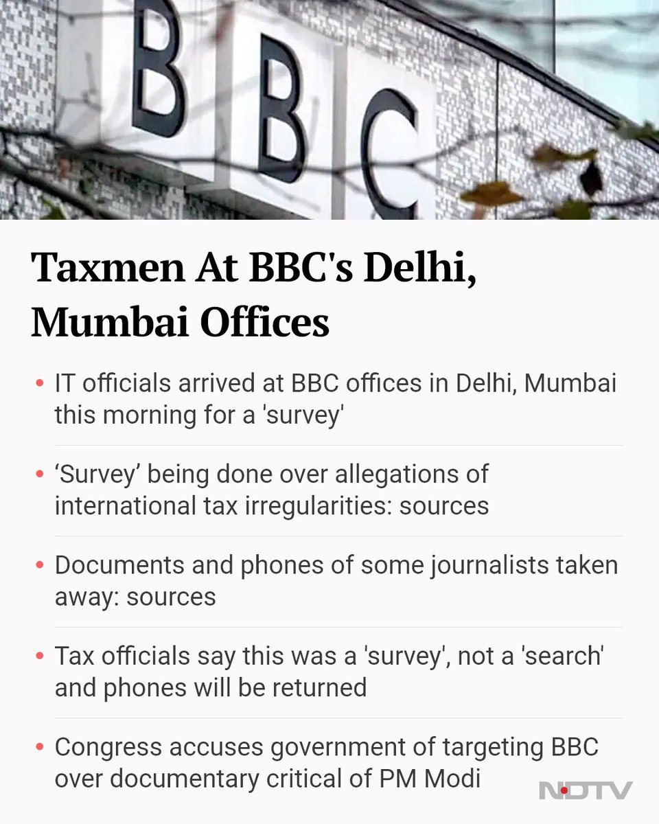 ndtv's tweet image. #LiveCoverage: Income Tax Officials' Survey Op At BBC's Delhi, Mumbai Offices: Sources ndtv.com/india-news/bbc…