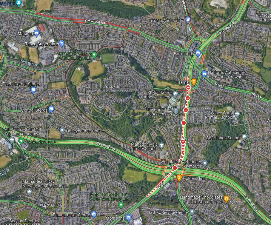 plymouthbus's tweet photo. 0745 #PCB14 #PCB34 #PCB42 #PCB42A #PCB42C #PCB44 Due to traffic in St Peter's Road to keep services moving these routes for next few hours will be diverted from Manadon via A38 to Forder Valley and on to Crownhill Road from there serving the Crownhill Loop. https://t.co/pwvotBoLoM
