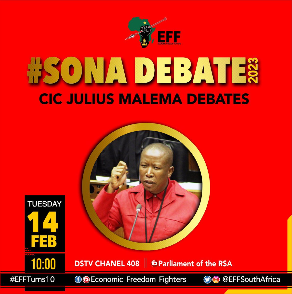 ♦️Happening Today♦️ 

The real and unfiltred #SONA for 2023 delivered by CIC @Julius_S_Malema

Tune in from 10H00 on Parliament Channel, DSTV 408 | YouTube, ParliamentofRSA 

#EFFInParliament